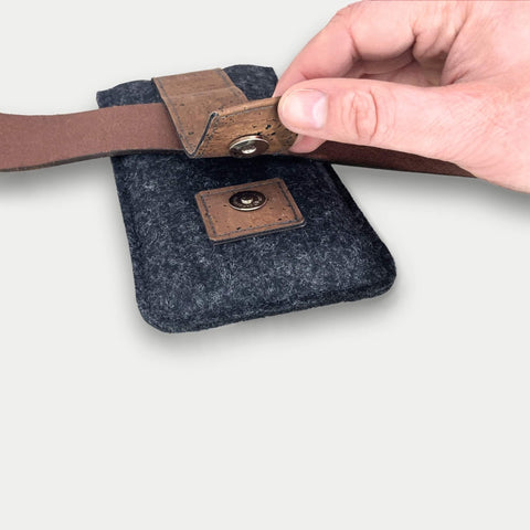 Hand, die einen Magnetverschluss an einer stilvollen anthrazitfarbenen Samsung Galaxy A37-Gürteltasche aus hochwertigem Filz hält.