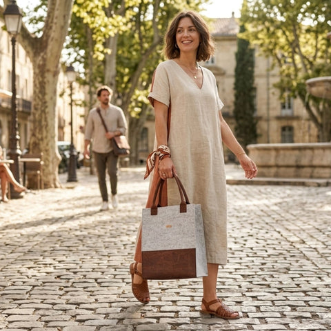 Elegante Filz Shopper Tasche mit braunem Kork getragen von einer Frau, hochwertige nachhaltige Tasche für Alltag und Arbeit